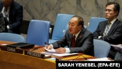 Chinese Ambassador and UN Security Council President Zhang Jun speaks during a vote on a draft resolution calling for urgent humanitarian aid for Gaza, at UN headquarters in New York on November 15.