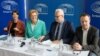 Az Európai Parlament Költségvetési és Ellenőrző Bizottságának tagjai sajtótájékoztatót tartanak Budapesten 2023. május 17-én. A képen balról: Lara Wolters, Monika Hohlmeier, Petri Sarvamaa és Daniel Freund