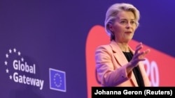 European Commission President Ursula von der Leyen addresses the EU Global Gateway Forum on October 25 in Brussels.