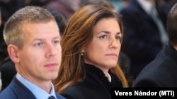 Varga Judit igazságügyi miniszterként akkori férjével, Magyar Péterrel a székelyföldi Madéfalván 2023. január 7-én
