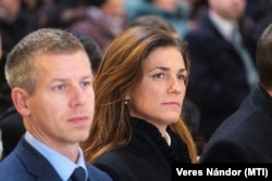 Then-Minister of Justice Judit Varga with Peter Magyar in January 2023. Magyar's image has been tainted by Varga's allegations that he was physically and verbally abusive during their marriage, which he denies.