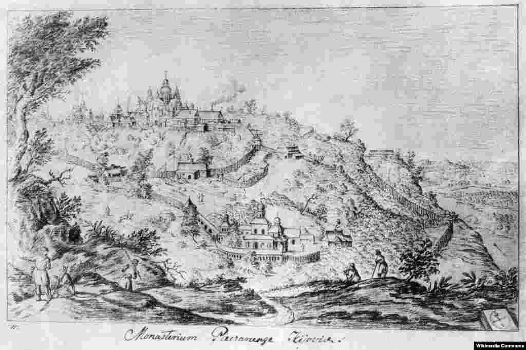Crtež Kijevsko-pečerske lavre iz 1651. godine. Naziv "lavra" označava manastirski kompleks koji uključuje ćelije za pustinjake, dok riječ "pečerska" znači "pećinska", po mreži pećina koje se nalaze u sklopu kompleksa.Manastirski kompleks osnovan je u 11. vijeku na brdu s kojeg se pruža pogled na rijeku Dnjepar. Između 1096. i 1416. godine, Lavru su u više navrata pljačkali i palili kumanski osvajači, a kasnije mongolski osvajači i pripadnici Zlatne horde.