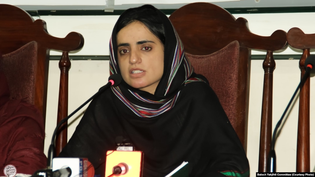 Mahrang Baloch and other Baluch activists speak in Quetta against the actions of Chinese investors in the port of Gwadar in Pakistan in May.