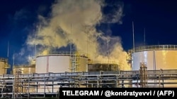 Smoke rises from a fire at an oil refinery in Ilsky in the Krasnodar regon on May 4, which local authorities said was caused by a drone attack.