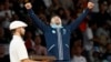 Judoka Yeldos Smetov celebrates his gold medal for Kazakhstan at the Paris 2024 Olympic Summer Games at Champ-de-Mars Arena on July 27.