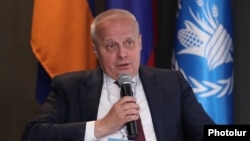 Armenia - Russian Ambassador Sergei Kopyrkin speaks during an event organized by the UN office in Yerevan, July 3, 2023.