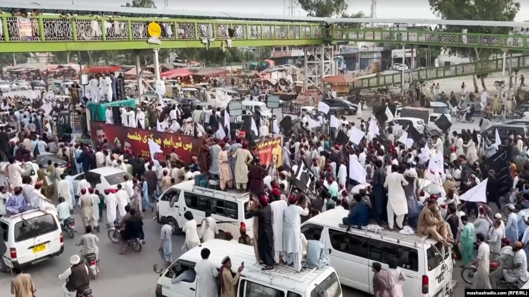 A video grab from a Pashtun Tahafuz Movement (PTM) rally in Islamabad on August 18