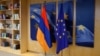 Belgium - EU and Armenian flags are displayed at the EU headquarter in Brussels, March 5, 2019.