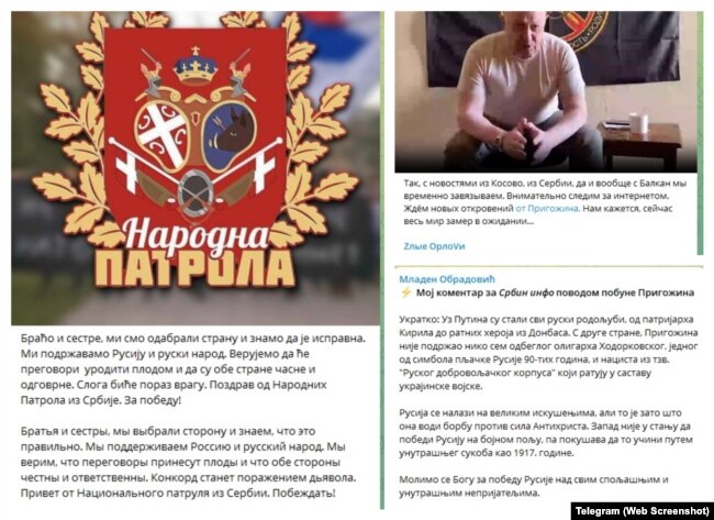 Kanalet pro-ruse të Telegram-it dhe organizatave të së djathtës ekstreme në Serbi për kryengritjen e Wagnerit.