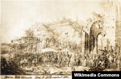 Військо Речі Посполитої вступає до Києва через руїни Золотих воріт, малюнок 1651 року