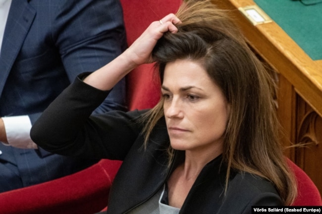 Then-Justice Minister Judit Varga,appears in parliament in Budapest in February 2023.