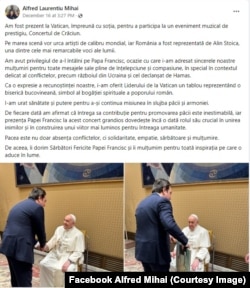 Postarea senatorului PSD, Alfred Mihai, pe pagina sa publică de Facebook. Senatorul nu spune că a fost în audiență privată la Papa Francisc, așa cum menționează George Simion.