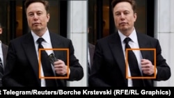Modifikovana fotografija i originalna fotografija Elona Maska: Prva je objavljena na Telegram kanalu u septembru 2023, a original je snimljen u januaru 2023.