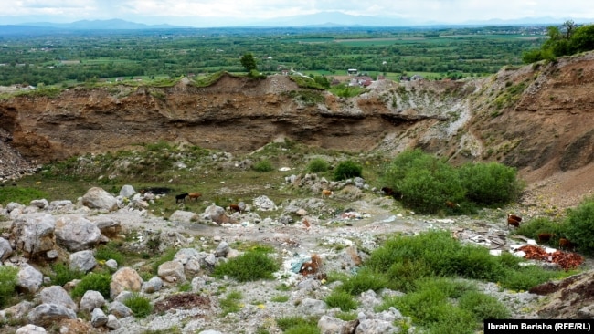 Bagëtitë kullosin në gropën e lënë prapa nga gurthyesi në fshatin Vrellë të Istogut.