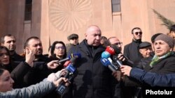 Armenia - Andranik Tevanian, leader of the Mayr Hayastan bloc, speaks to reporters outside the Yerevan municipality, February 2, 2024.