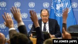 Ministrul rus de externe Serghei Lavrov, la conferința de presă de după discursul din plenul Adunării Generale a ONU de la New York, de sâmbătă.
