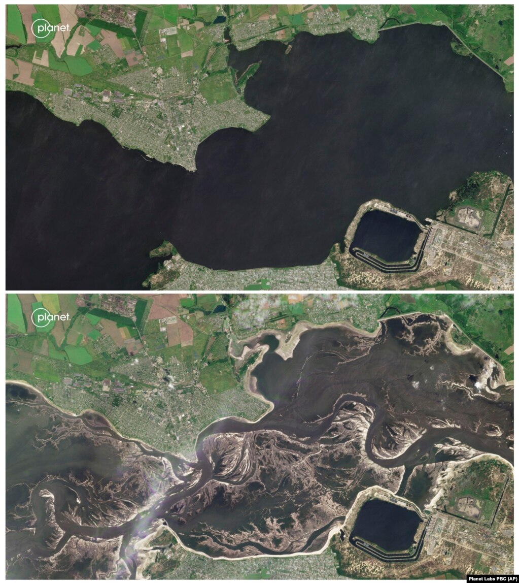 Комбінований супутниковий знімок від 5 червня (вгорі) та 13 червня, наданий компанією Planet Labs PBC, показує рівень води у Каховському водосховищі поблизу Запорізької атомної електростанції на півдні України