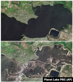Imaginile din satelit luate în 5 iunie (sus) și 13 iunie, furnizate de Planet Labs PBC, arată nivelurile rezervorului Kahovka din apropierea centralei nucleare Zaporojie din sudul Ucrainei.