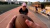 Twelve-year-old Polyna Bezkorovayna does football drills during an evening practice with her new team, the Vinnytsya Wolves.