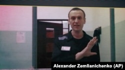 Aleksei Navalny as he appears in a video link from prison during a hearing at the Russian Supreme Court in Moscow in August.