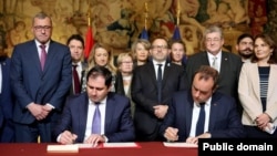 France - French Defense Minsiter Sebastien Lecornu and his Armenian counterpart Suren Papikian sign a memorandum of understanding in Paris, October 23, 2023.