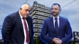 Colaj cu fostul premier Boyko Borisov și jurnalistul Anton Hekimian pe fundalul clădirii bTV din Sofia, Bulgaria.