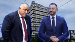Colaj cu fostul premier Boyko Borisov și jurnalistul Anton Hekimian pe fundalul clădirii bTV din Sofia, Bulgaria.
