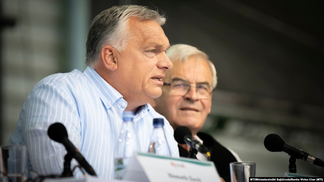 Hungarian Prime Minister Viktor Orban gives an address at an annual political and cultural festival held by leaders of Romania's Hungarian minority in Transylvania on July 22.