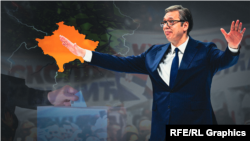 Presednik Srbije Aleksandar Vučić pored mape Kosova, ilustracija