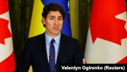 Прем’єр-міністр Канади Джастін Трюдо на пресконференції під час візиту до України. Київ, 10 червня 2023 року