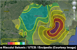 Harta de zonare seismică a României sub forma valorilor de vârf stabilite pentru acceleraţia terenului, în caz de cutremur. Valoarea acestui indicator, de care se ţine cont în proiectarea construcţiilor variază între 0.10 în cea mai mare parte a Transilvaniei şi 0,40, în zona Buzău-Vrancea.