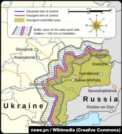 Карта буферної зони, встановленої Мінським протоколом на Донбасі, вересень 2014 року