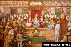 Нікейський собор 325 року на стародавній фресці. Ліворуч на передньому плані - візантійський імператор Костянтин Великий. Саме він скликав перший Вселенський собор для вирішення канонічних питань, а також і календарних