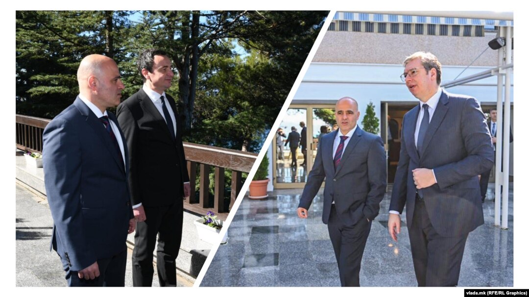 Комбо фотографија од премиерот Димитар Ковачевски со Албин Курти и Александар Вучиќ во Охрид, 18 март 2023