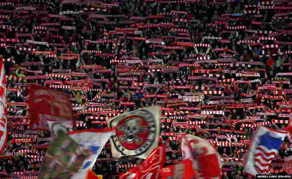 Red Star Belgrade supporters cheer their team during the UEFA Champions league Group G soccer match between Red Star and Manchester City in Belgrade on December 13.