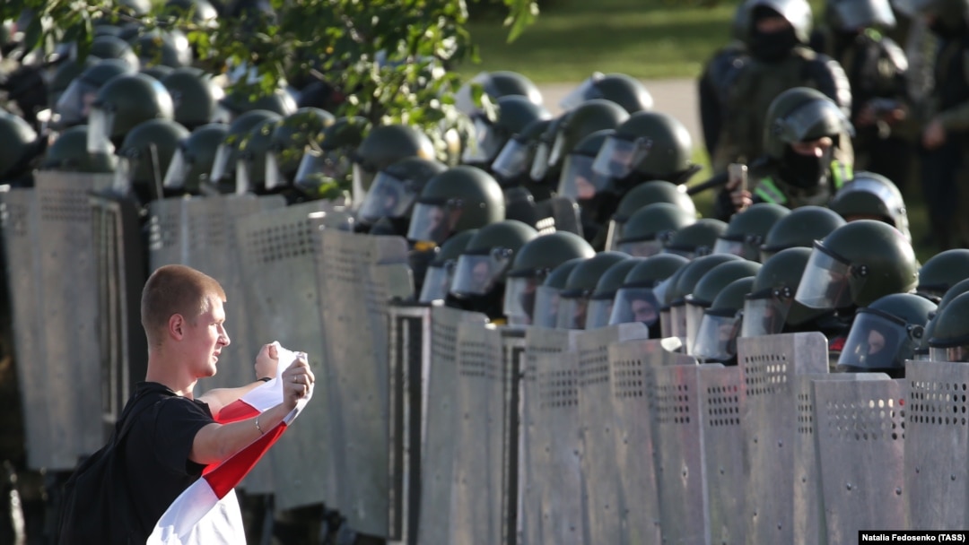 Riot police block a street during an opposition rally in Minsk in September 2020.
