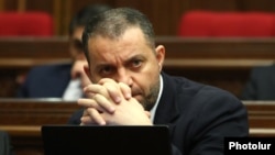 Armenia - Economy Minister Vahan Kerobian attends the Armenian goverment's question-and-answer session in parliament. 