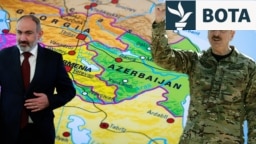 Fotografi e kombinuar e Nikol Pashinyan dhe Ilham Aliyev, teksa prapa shihet harta ku gjendet Korridori i Zangezurit.