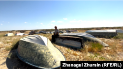 Abandoned fishing boats are all that remains of the Aral Sea in Kazakhstan's Kyzylorda Province in 2023.