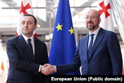 President of the European Council Charles Michel (right) shakes hands with Georgian Prime Minister Irakli Garibashvili on June 14.