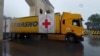 A Russian Red Cross truck carrying goods for Nagorno-Karabakh is seen on the Agdam road on September 9.