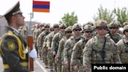 Armenia - U.S. soldiers march during the opening ceremony of a joint exercise with Armenian troops, Yerevan, July 15, 2024.