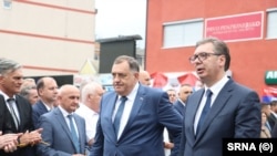 Serbian President Aleksandar Vucic (right) with Bosnian Serb leader Milorad Dodik during a visit to Republika Srpska on August 4.
