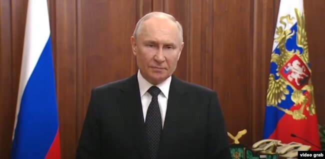 Russian President Vladimir Putin delivers a televised address to the nation on June 24.