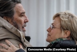 Actors Ciaran Hinds (left) and Maxine Peake in a still from Words Of War, a film in which Peake plays Russian journalist Anna Politkovskaya.