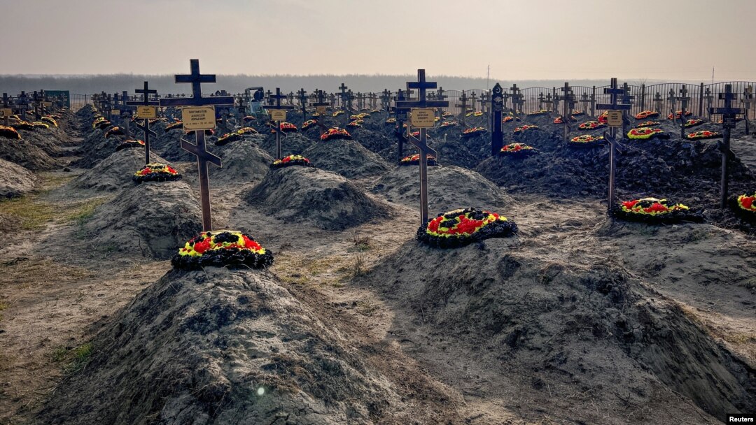 Graves of Russian Wagner mercenaries are seen at a cemetery near the village of Bakinskaya in the Krasnodar region, Russia, in January 2023.