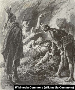 Ілюстрацыя Міхала Андрыёлі да раману Фэнімора Купэра «Апошні з магіканаў», 1884 год