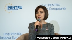 Moldovan President Maia Sandu speaking on March 18