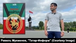 Тимур Абдрахманов и шеврон батальона "Алга"
