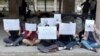 A group of female students protest at Tehran University of Art on March 7.